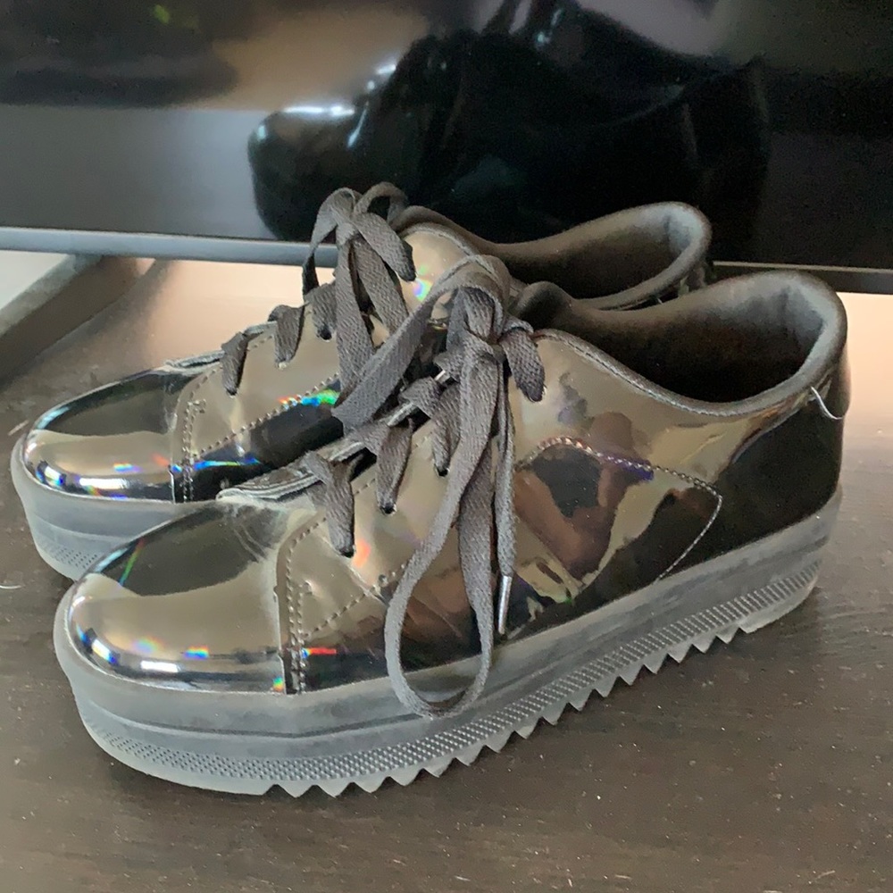 Black oil slick platform sneakers